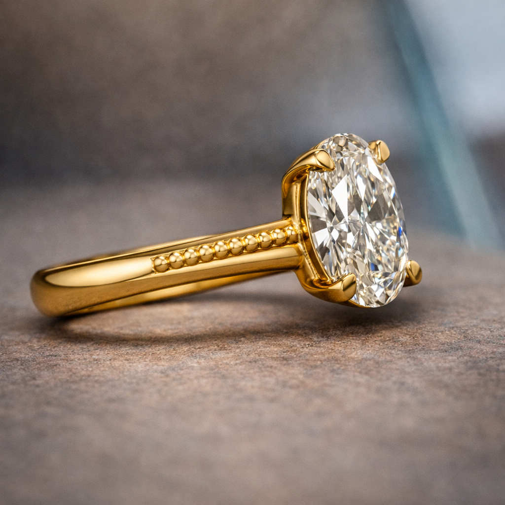 3.00 CT Oval Milgrain Solitaire Memory Diamond Ring 14K Yellow Gold Pet and Human Ashes Brand Authenticity Certified