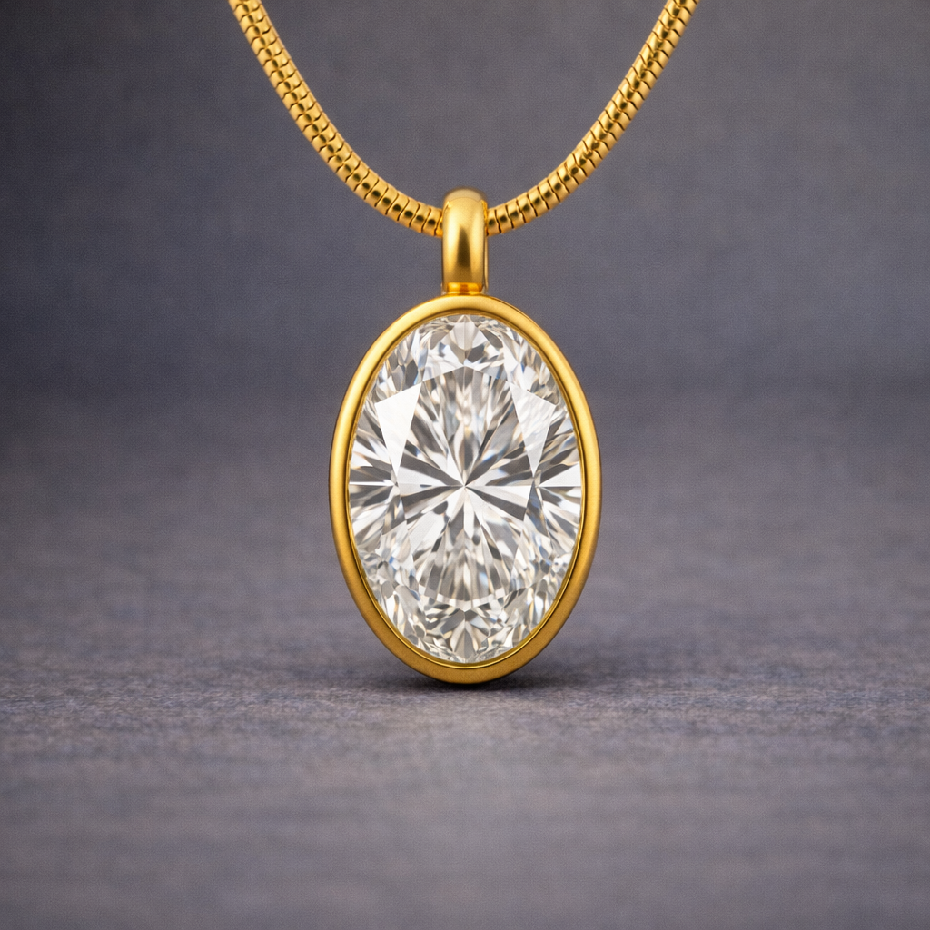 2.00 Ct Round Loop Bail | Oval Bezel Memory Diamond Pendant 14K Yellow Gold | Pet & Human Ashes