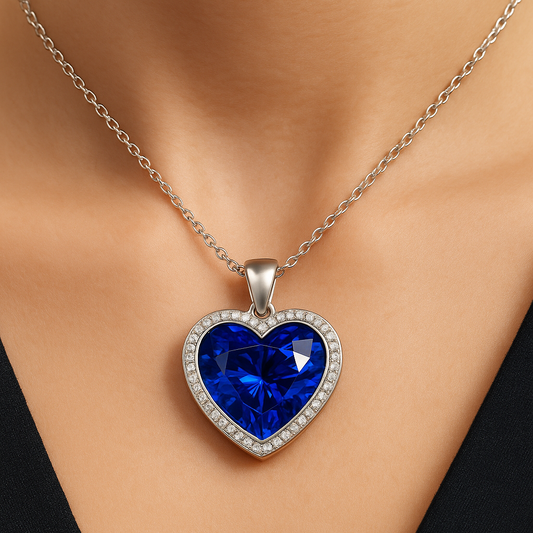 2.30 Carat Heart Shape Royal Blue Lab-Grown Sapphire Halo Pendant in 925 Sterling Silver