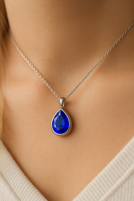 1.00 Carat Pear Cut Royal Blue Lab-Grown Sapphire Solitaire Pendant in 925 Sterling Silver