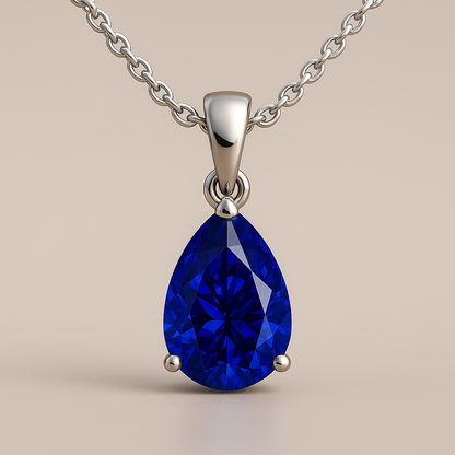 1.00 Carat Pear Cut Royal Blue Lab-Grown Sapphire Solitaire Pendant in 925 Sterling Silver