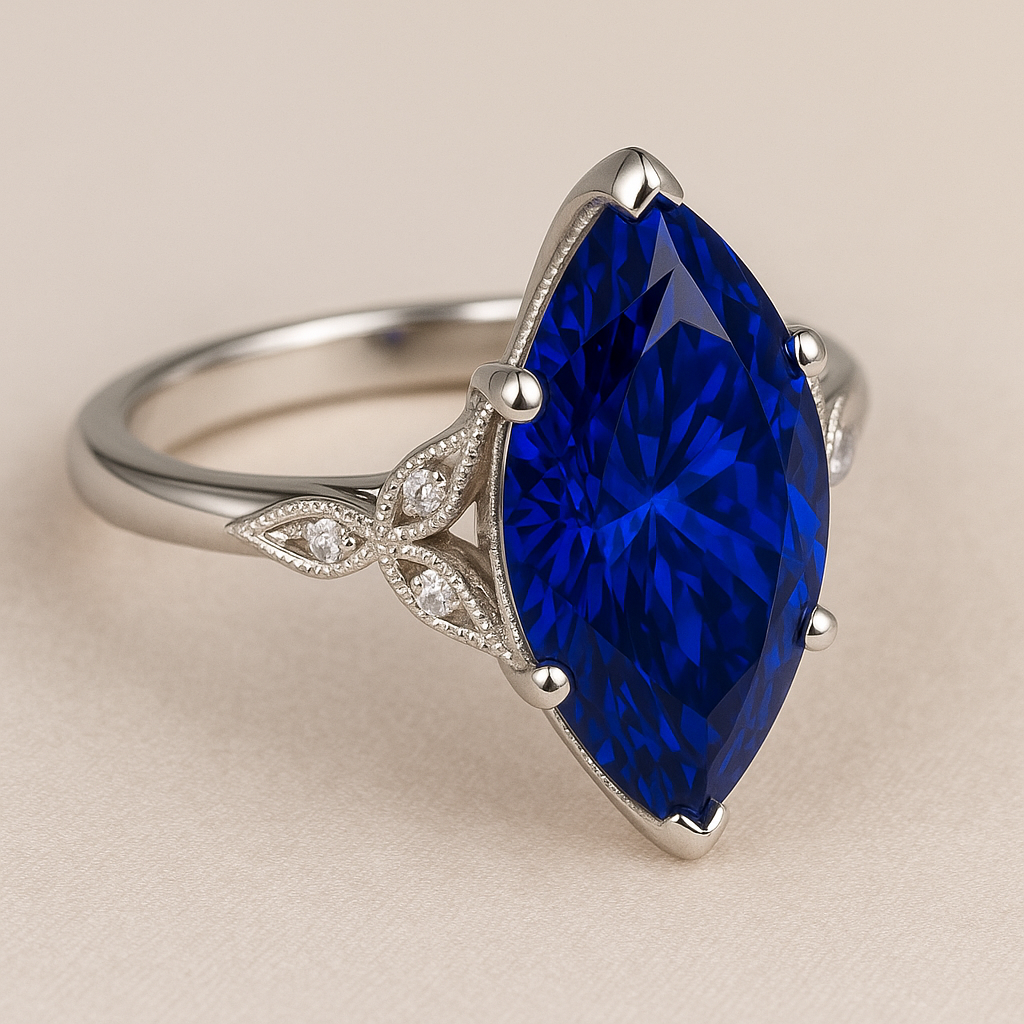 2.00 Carat Marquise Cut Royal Blue Lab-Grown Sapphire Ring with Diamond Accent Design in 925 Sterling Silver
