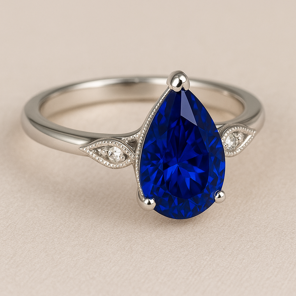 1.00 Ct Pear Shape Blue Sapphire Vintage Side Stone Ring in 925 Sterling Silver – Lab-Grown Gemstone Black Jack