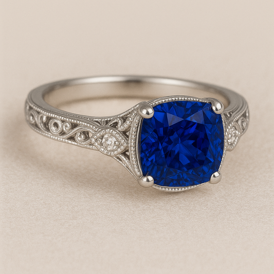 1.00 Carat Cushion Cut Royal Blue Lab-Grown Sapphire Solitaire Ring in 925 Sterling Silver