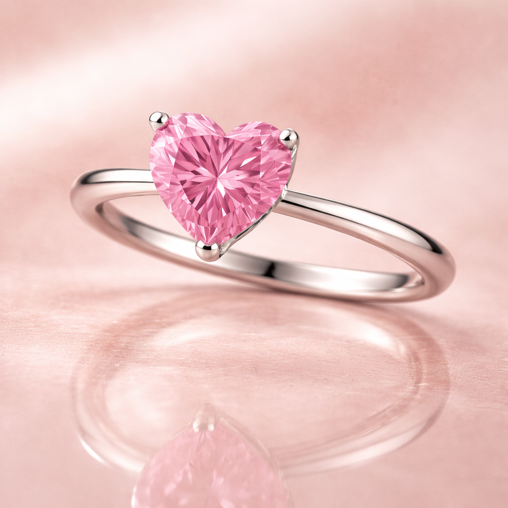 1.50 Ct Heart Pink Lab Grown Diamond Solitaire Engagement Ring Slim Comfort Shank in 14K White Gold IGI Certified Black Jack