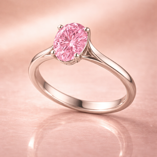 1.00 Ct Oval Pink Lab Grown Diamond Solitaire Engagement Ring Split Comfort Shank in 14K White Gold IGI Certified Black Jack