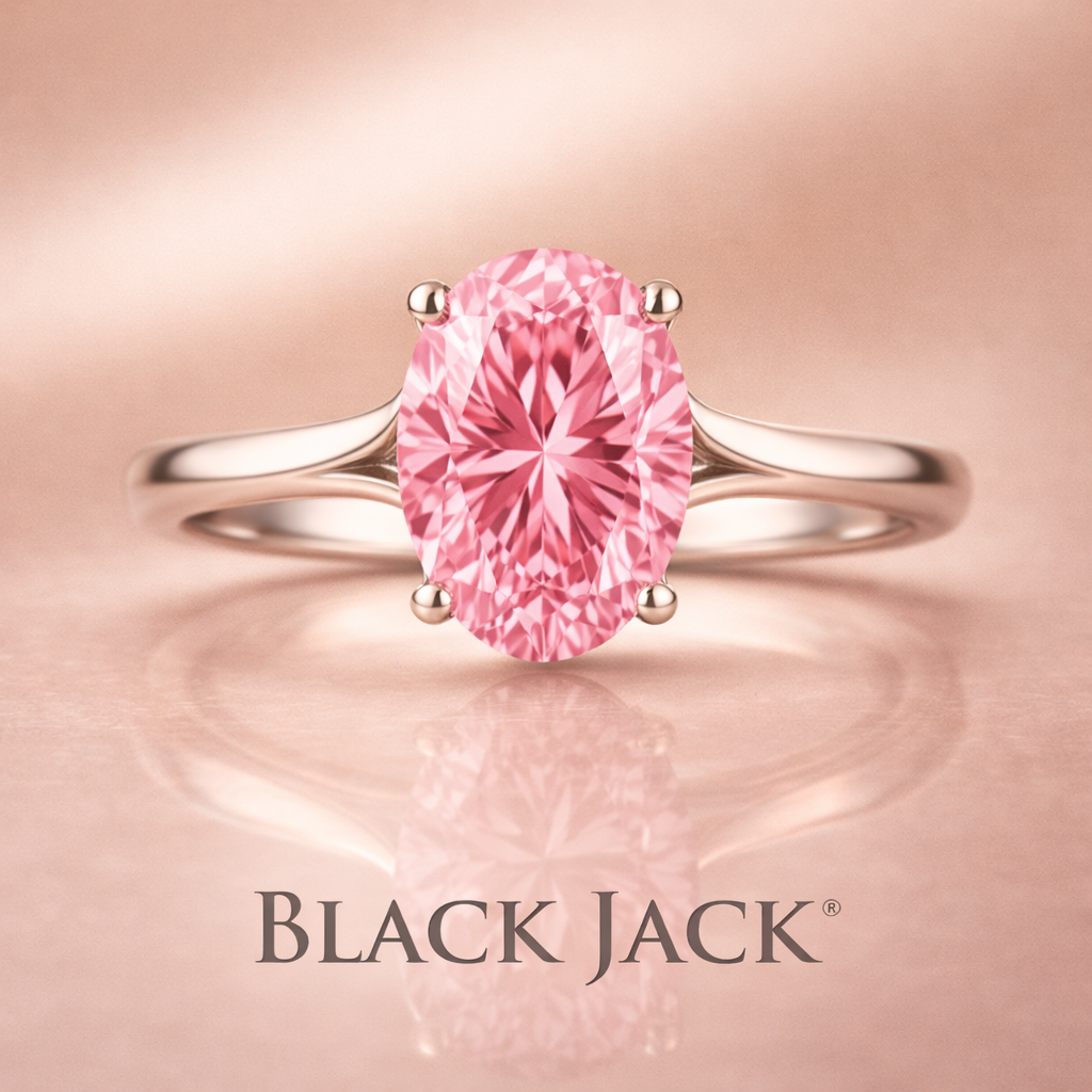 1.00 Ct Oval Pink Lab Grown Diamond Solitaire Engagement Ring Split Comfort Shank in 14K White Gold IGI Certified Black Jack