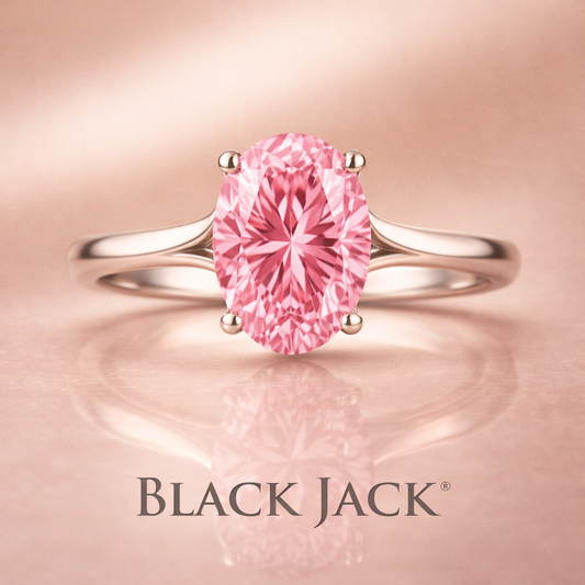 1.00 Ct Oval Pink Lab Grown Diamond Solitaire Engagement Ring Split Comfort Shank in 14K White Gold IGI Certified Black Jack