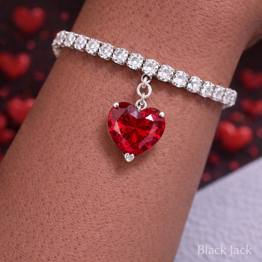 3.5 MM Round Moissanite Tennis Bracelet with 3.00 Ct Heart Ruby Charm in 925 Sterling Silver