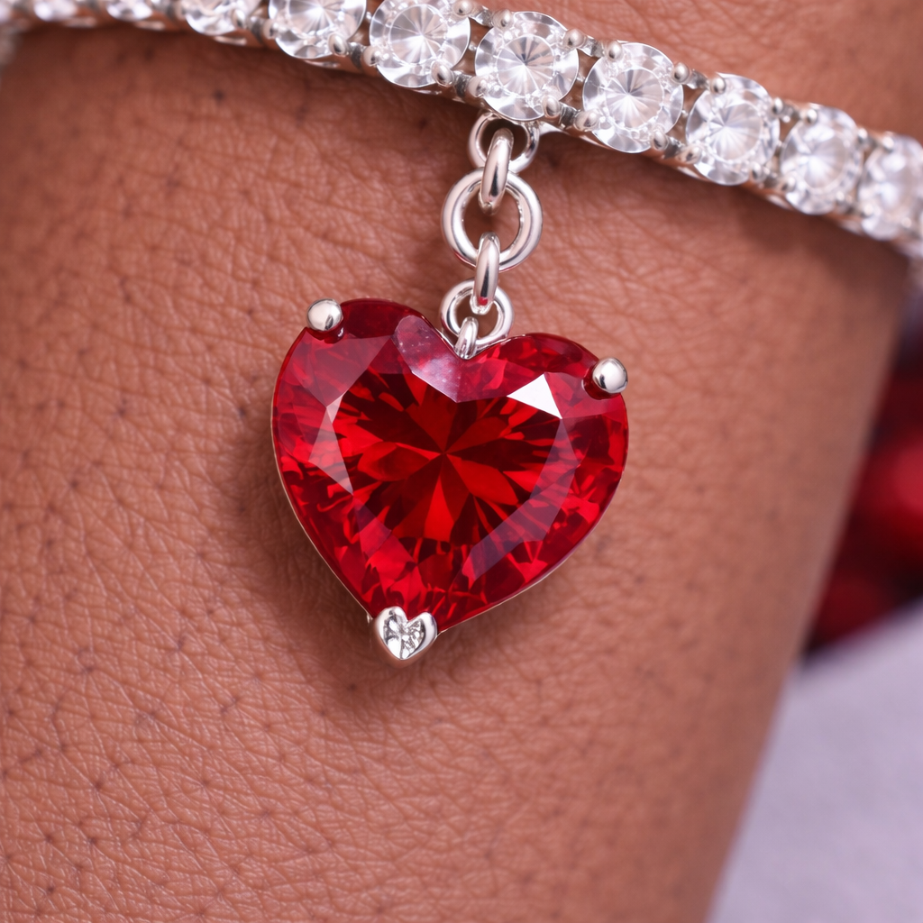 3.5 MM Round Moissanite Tennis Bracelet with 3.00 Ct Heart Ruby Charm in 925 Sterling Silver