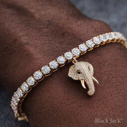 4 MM Moissanite Tennis Bracelet with Elephant Charm in 925 Sterling Silver (14K Yellow Gold Plated) – Men’s Bracelet