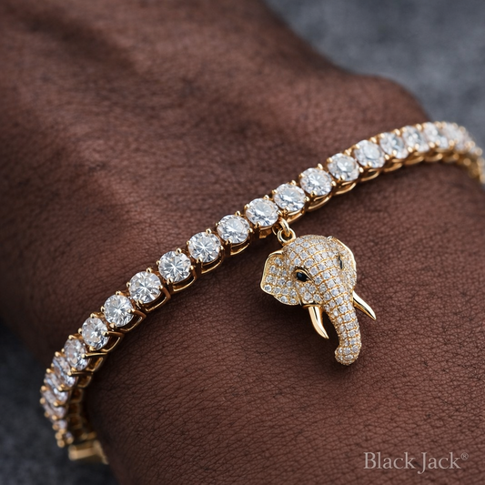 4 MM Moissanite Tennis Bracelet with Elephant Charm in 925 Sterling Silver (14K Yellow Gold Plated) – Men’s Bracelet