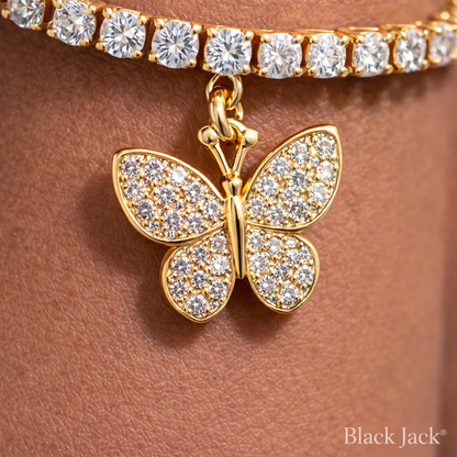 3.5 MM Moissanite Tennis Bracelet with Butterfly Charm in 925 Sterling Silver (14K Yellow Gold Plated)