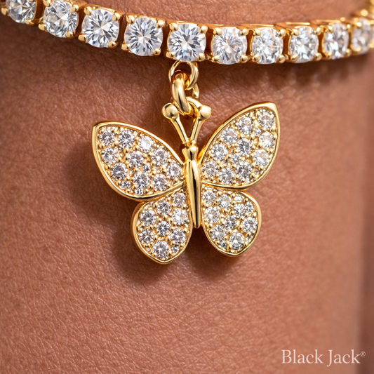 3.5 MM Moissanite Tennis Bracelet with Butterfly Charm in 925 Sterling Silver (14K Yellow Gold Plated)