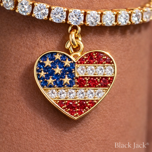 3.5 MM Moissanite Tennis Bracelet with USA Flag Heart Charm in 925 Sterling Silver (14K Yellow Gold Plated)