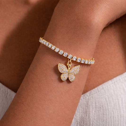 3.5 MM Moissanite Tennis Bracelet with Butterfly Charm in 925 Sterling Silver (14K Yellow Gold Plated)