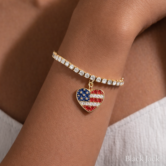 3.5 MM Moissanite Tennis Bracelet with USA Flag Heart Charm in 925 Sterling Silver (14K Yellow Gold Plated)
