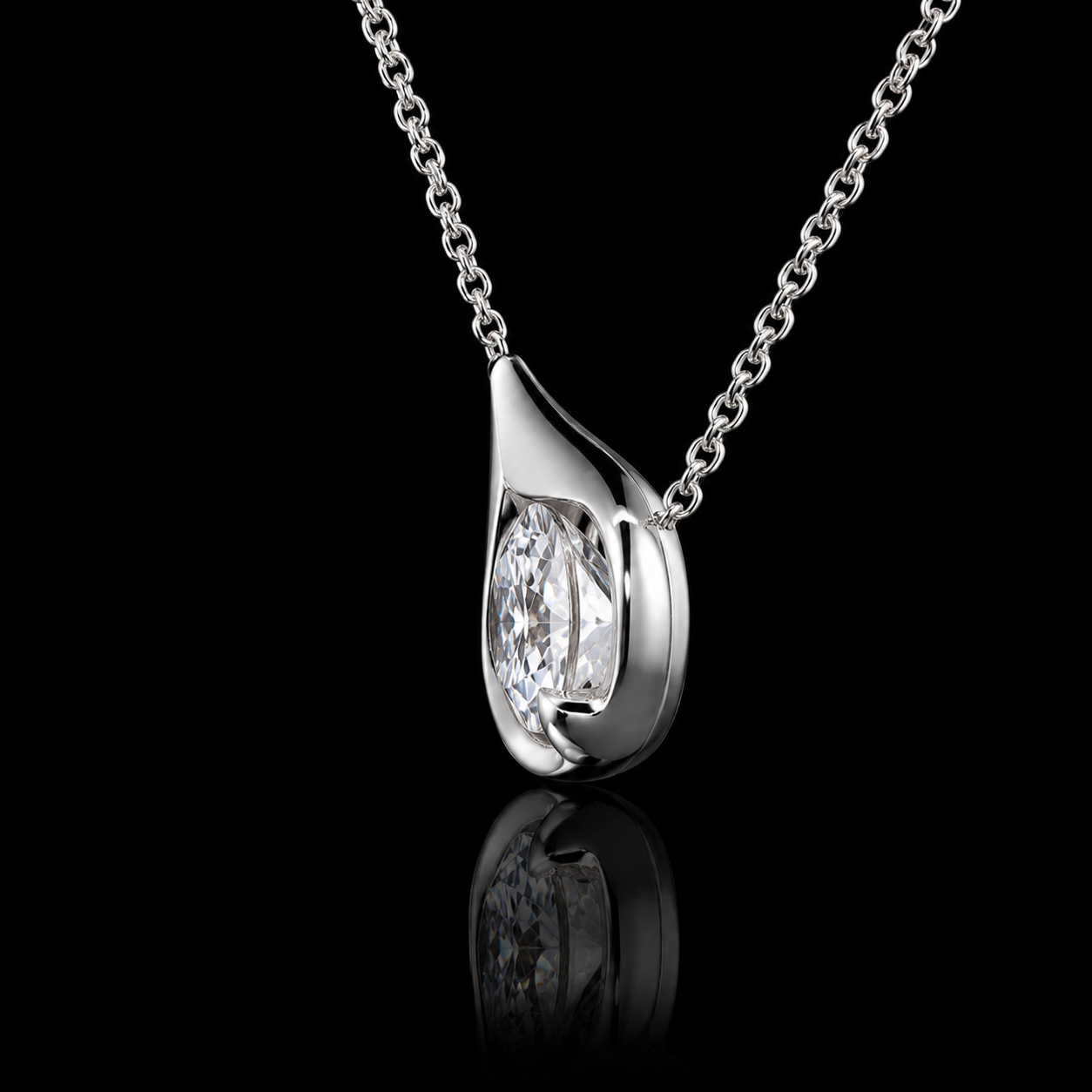 1.00 Ct Memory Diamond Round Cut Sculptural Teardrop Pendant in 14K White Gold Black Jack