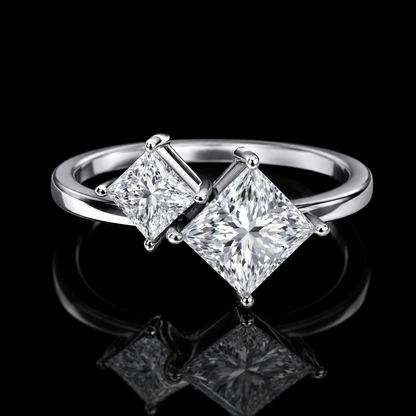 2.00 Ct Memorial Diamond Ring Two-Stone Princess Cut Bypass Design in 14K White Gold Black Jack