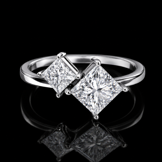 2.00 Ct Memorial Diamond Ring Two-Stone Princess Cut Bypass Design in 14K White Gold Black Jack