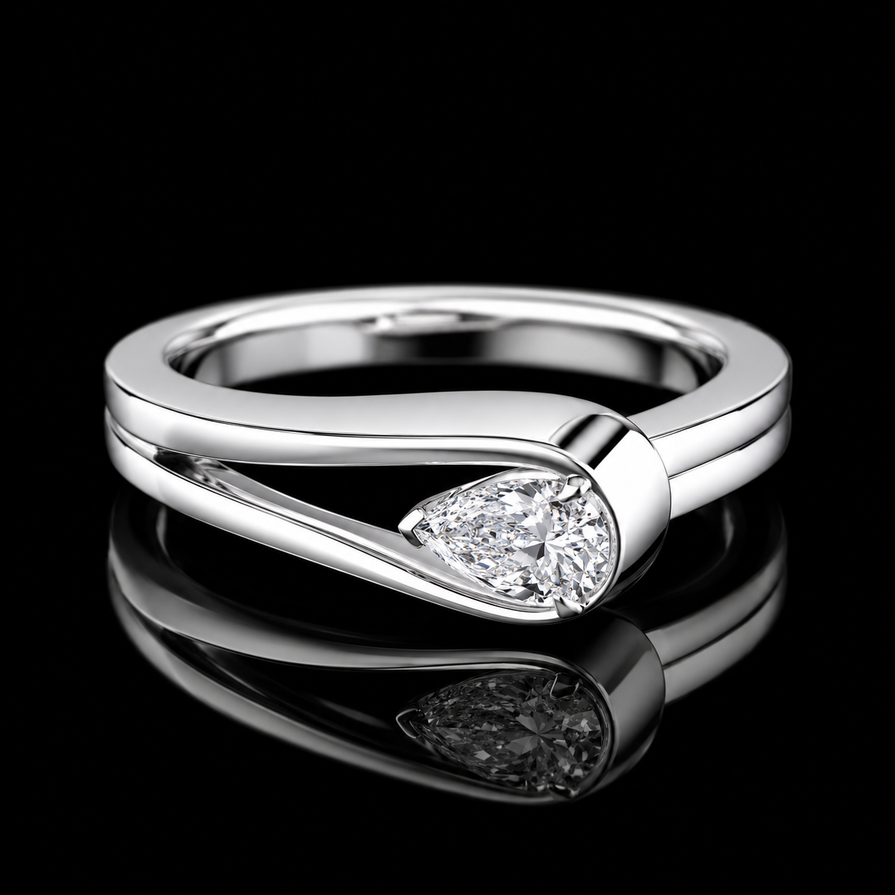 1.50 Ct Cremation Diamond Ring Pear Cut Split Bypass Design in 14K White Gold Black Jack