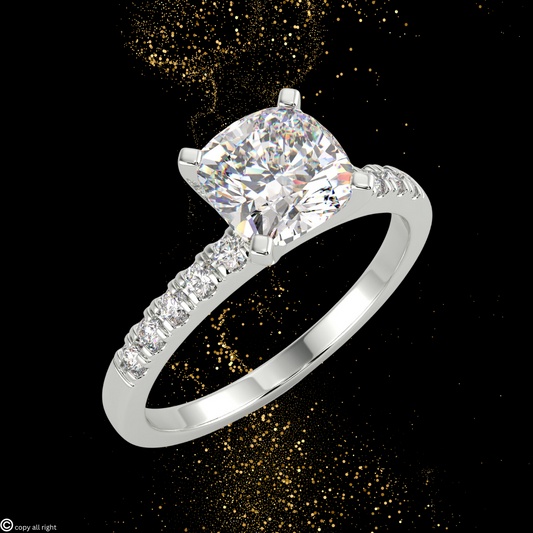 4 prong 1.70ct Cushion Cut Real Lab Grown Solitaire With Accents Diamond 14k White Gold Engagement Ring
