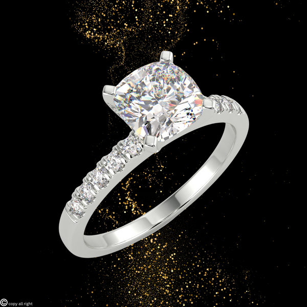 4 prong 1.70ct Cushion Cut Real Lab Grown Solitaire With Accents Diamond 14k White Gold Engagement Ring