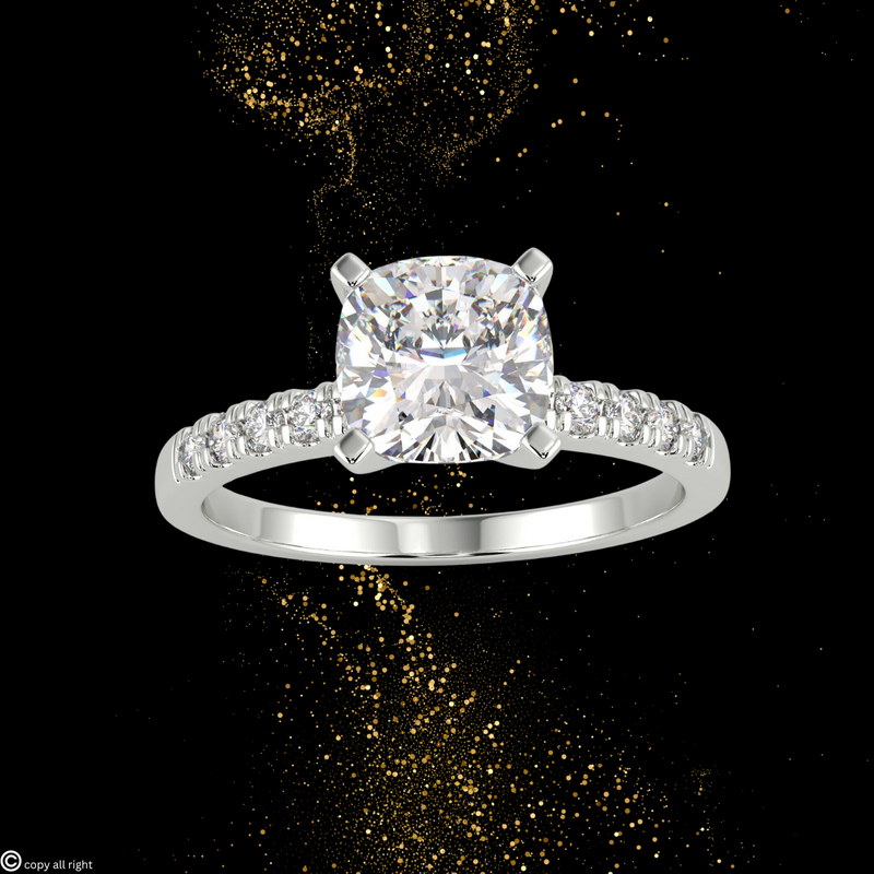 4 prong 1.70ct Cushion Cut Real Lab Grown Solitaire With Accents Diamond 14k White Gold Engagement Ring