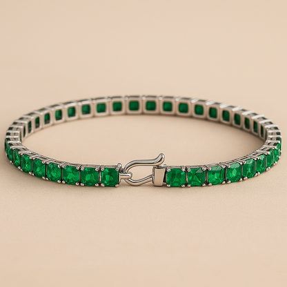 Lab Grown Colombian Emerald Tennis Bracelet – 7.50 CT, 3.5mm Square Cut Stones, White Gold & Silver, Box Clasp with Safety Hook