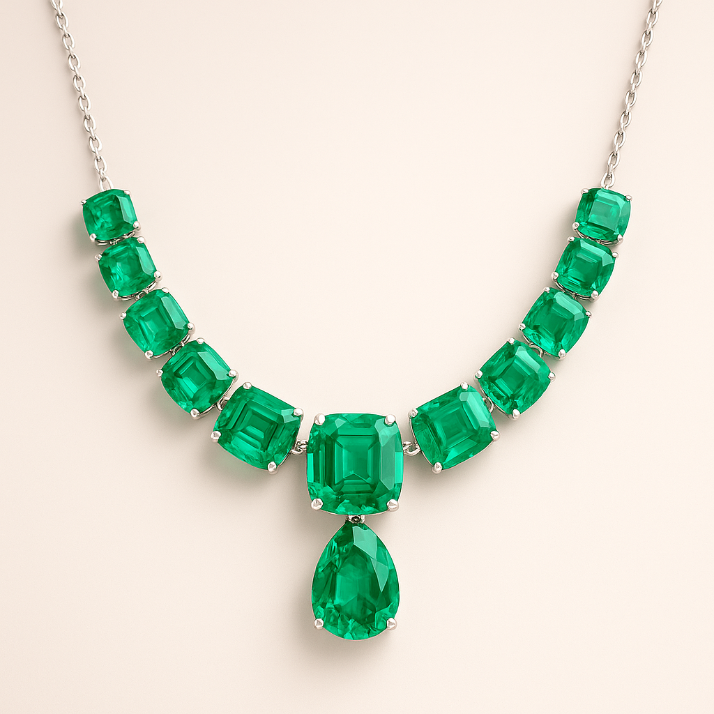 Lab Grown Emerald Necklace – 45.00 CT Total Weight – White Gold & Silver Statement Jewelry USA