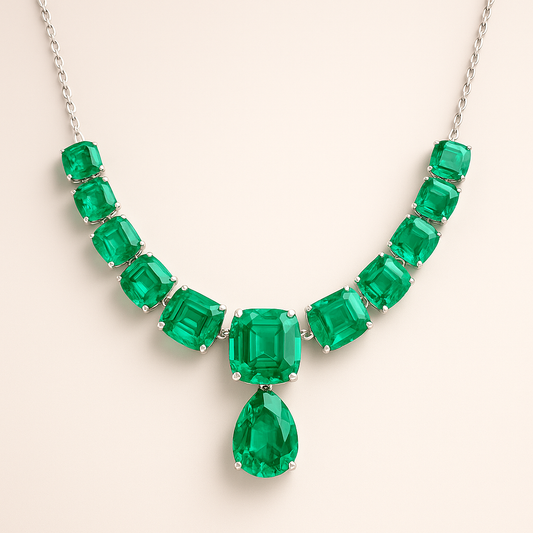 Lab Grown Emerald Necklace – 45.00 CT Total Weight – White Gold & Silver Statement Jewelry USA