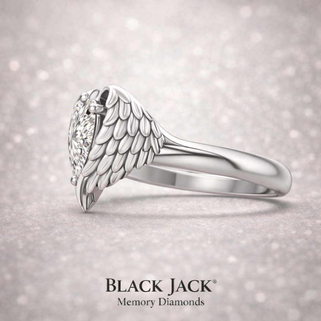 Limited Edition Angel Wing Memory Diamond Ring – 2.00 Carat Heart-Shaped Tribute in 14K White Gold | Black Jack® Memory
