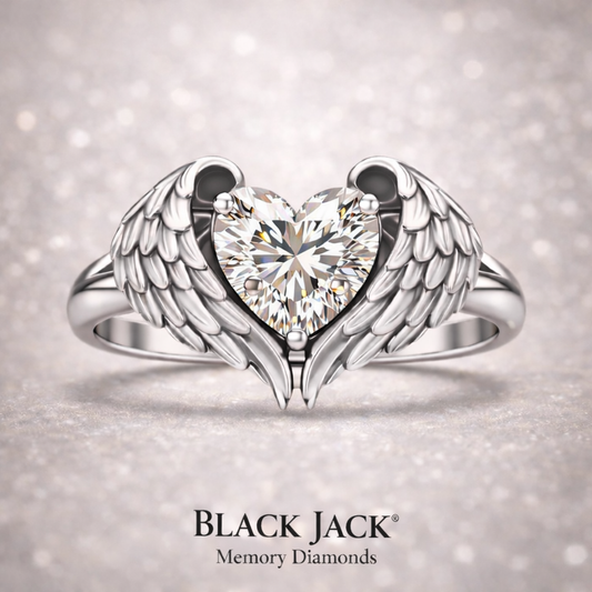 Limited Edition Angel Wing Memory Diamond Ring – 2.00 Carat Heart-Shaped Tribute in 14K White Gold | Black Jack® Memory