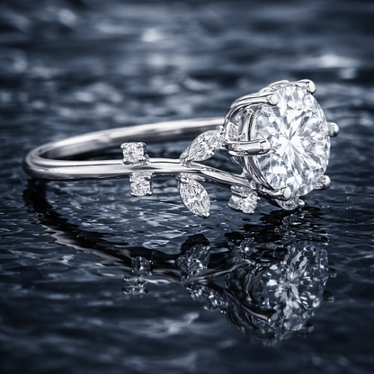 Memory Diamond Ring from Ashes – 1.45 CT Round & Marquise Cut Pet or Human Ashes to Diamond Ring in 14K White Gold