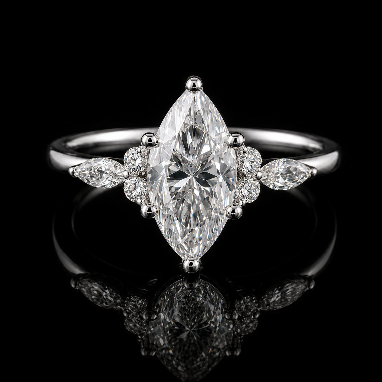 3.00 Ct Ashes Ring Marquise Cut Floral Accent Design in 14K White Gold Black Jack