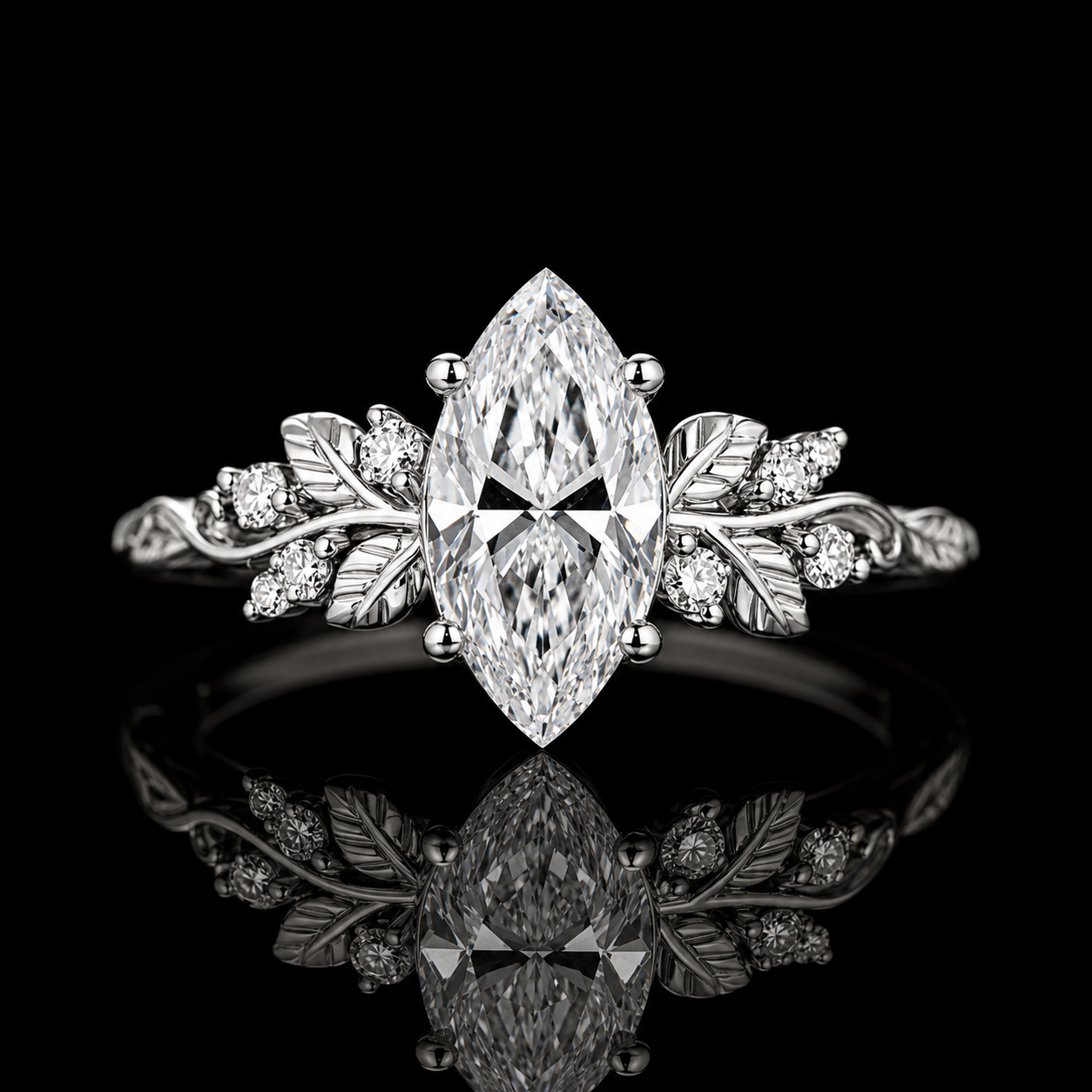 3.00 Ct Hair Diamond Ring Marquise Cut Nature-Inspired Leaf Vine Design in 14K White Gold Black Jack