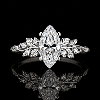 3.00 Ct Hair Diamond Ring Marquise Cut Nature-Inspired Leaf Vine Design in 14K White Gold Black Jack