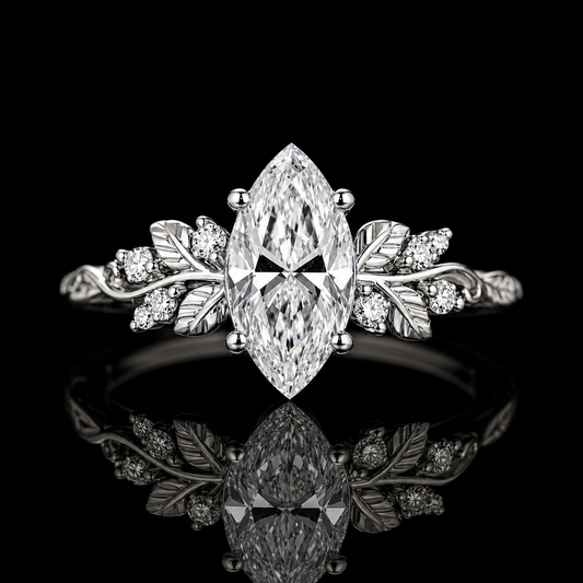 3.00 Ct Hair Diamond Ring Marquise Cut Nature-Inspired Leaf Vine Design in 14K White Gold Black Jack