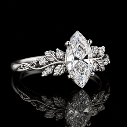 3.00 Ct Hair Diamond Ring Marquise Cut Nature-Inspired Leaf Vine Design in 14K White Gold Black Jack
