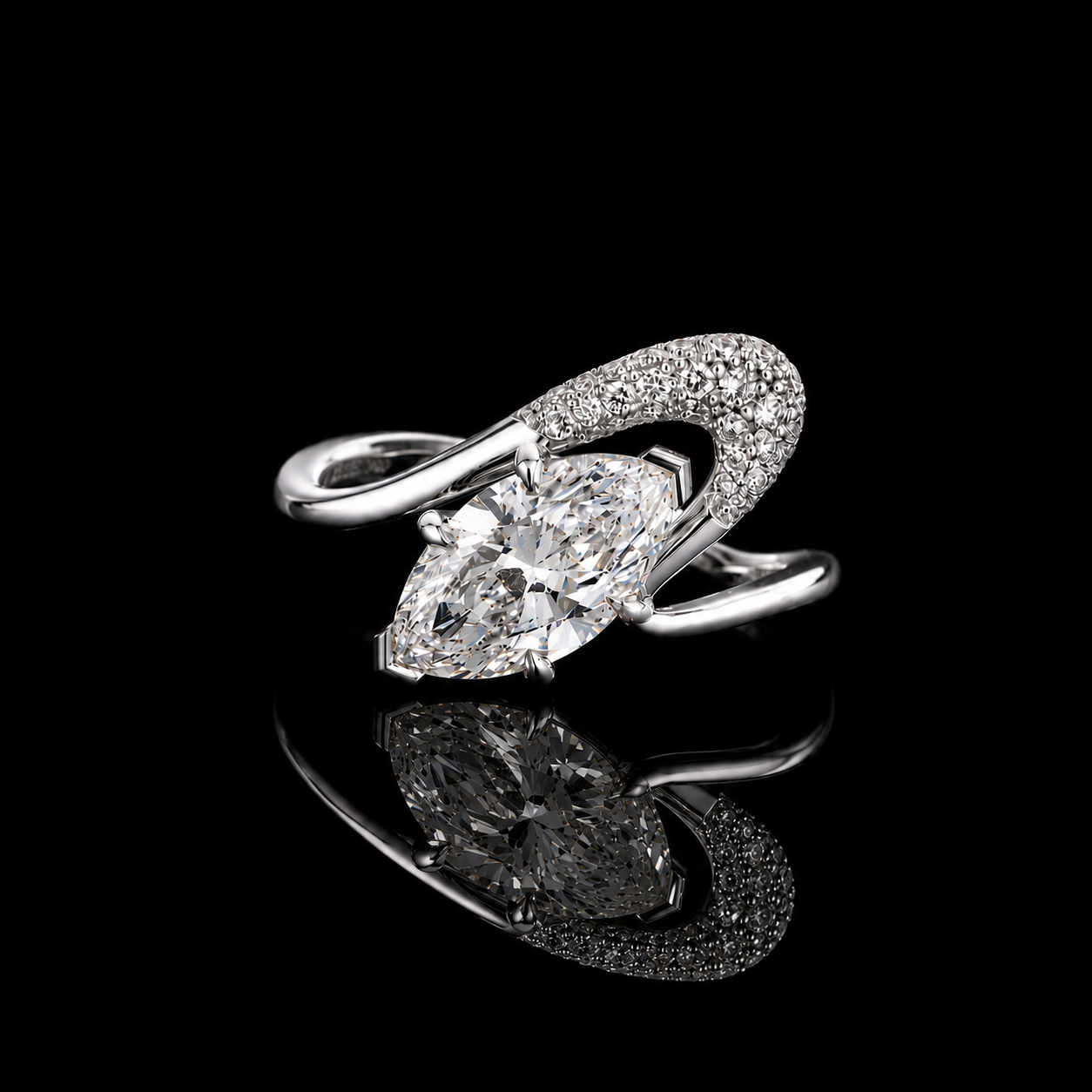 1.70 Ct Human Cremation Ring Marquise Cut Crescent Pavé Split Shank Design in 14K White Gold Black Jack