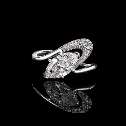 1.70 Ct Human Cremation Ring Marquise Cut Crescent Pavé Split Shank Design in 14K White Gold Black Jack