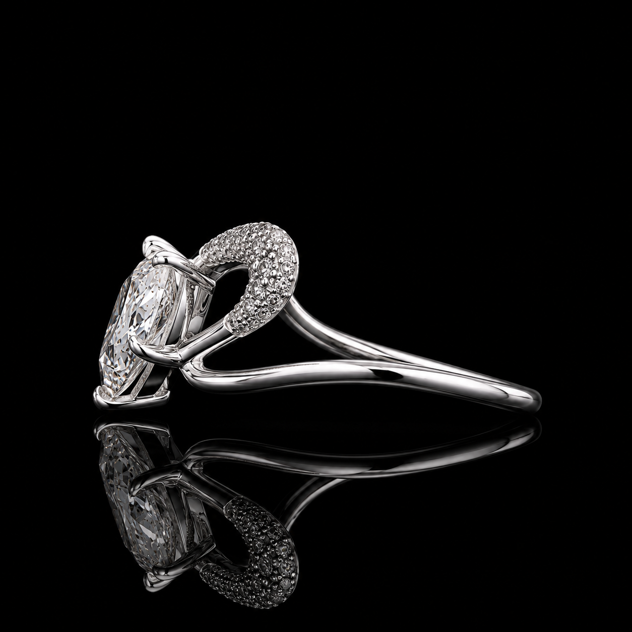 1.70 Ct Human Cremation Ring Marquise Cut Crescent Pavé Split Shank Design in 14K White Gold Black Jack