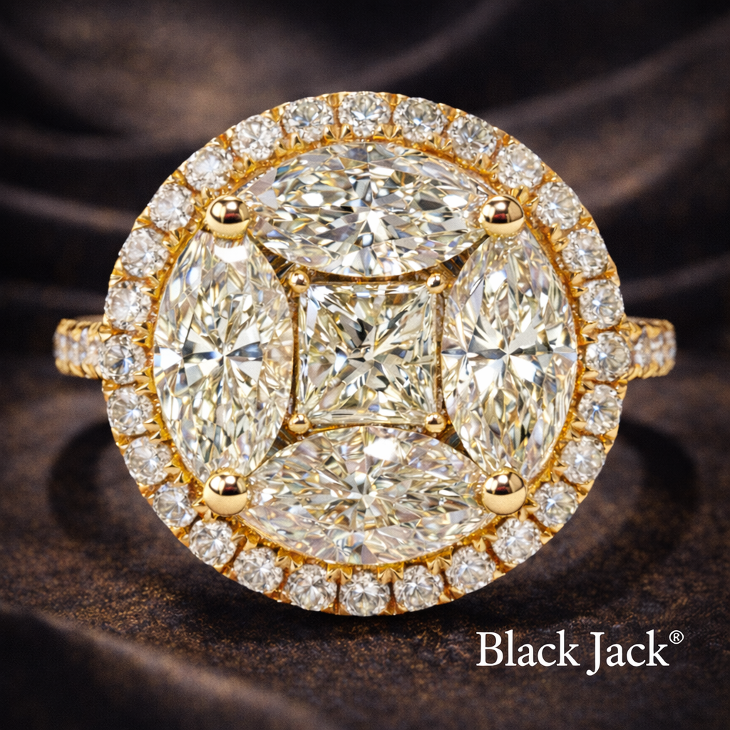Gold ring with diamonds on a dark background, featuring the brand 'Black Jack'.
