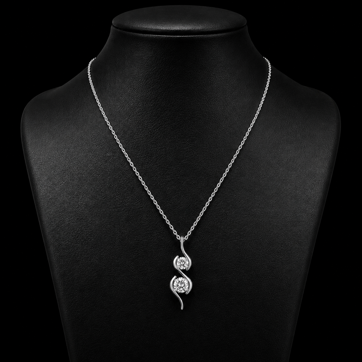 1.00 Ct Sympathy Gift Two Round Diamond Double Swirl Pendant in 14K White Gold Black Jack