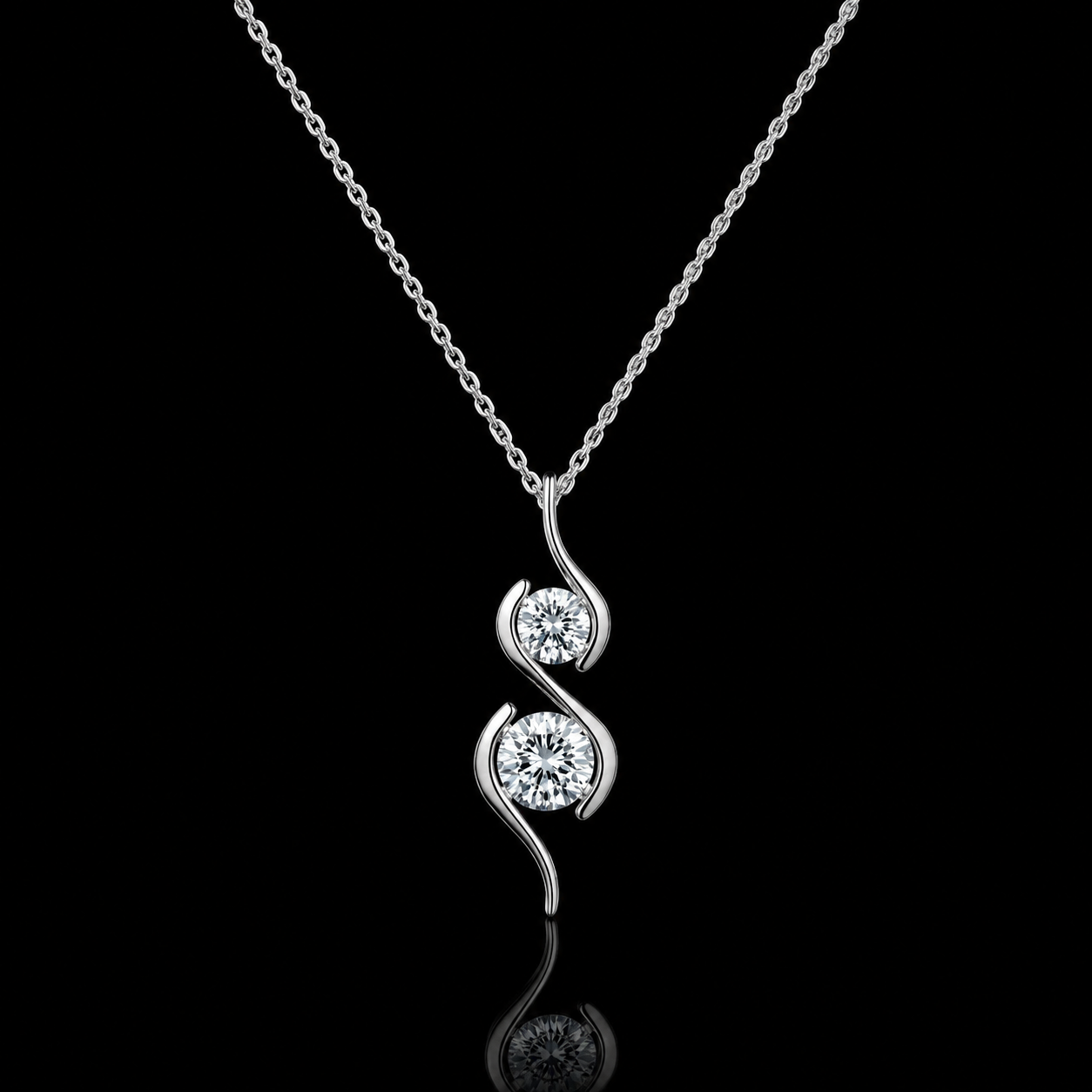 1.00 Ct Sympathy Gift Two Round Diamond Double Swirl Pendant in 14K White Gold Black Jack