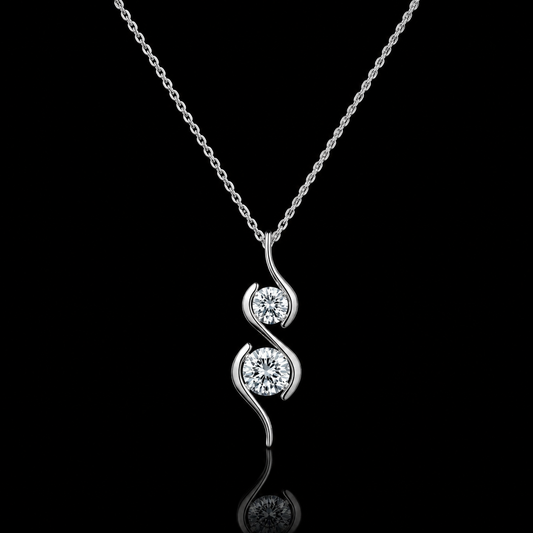 1.00 Ct Sympathy Gift Two Round Diamond Double Swirl Pendant in 14K White Gold Black Jack