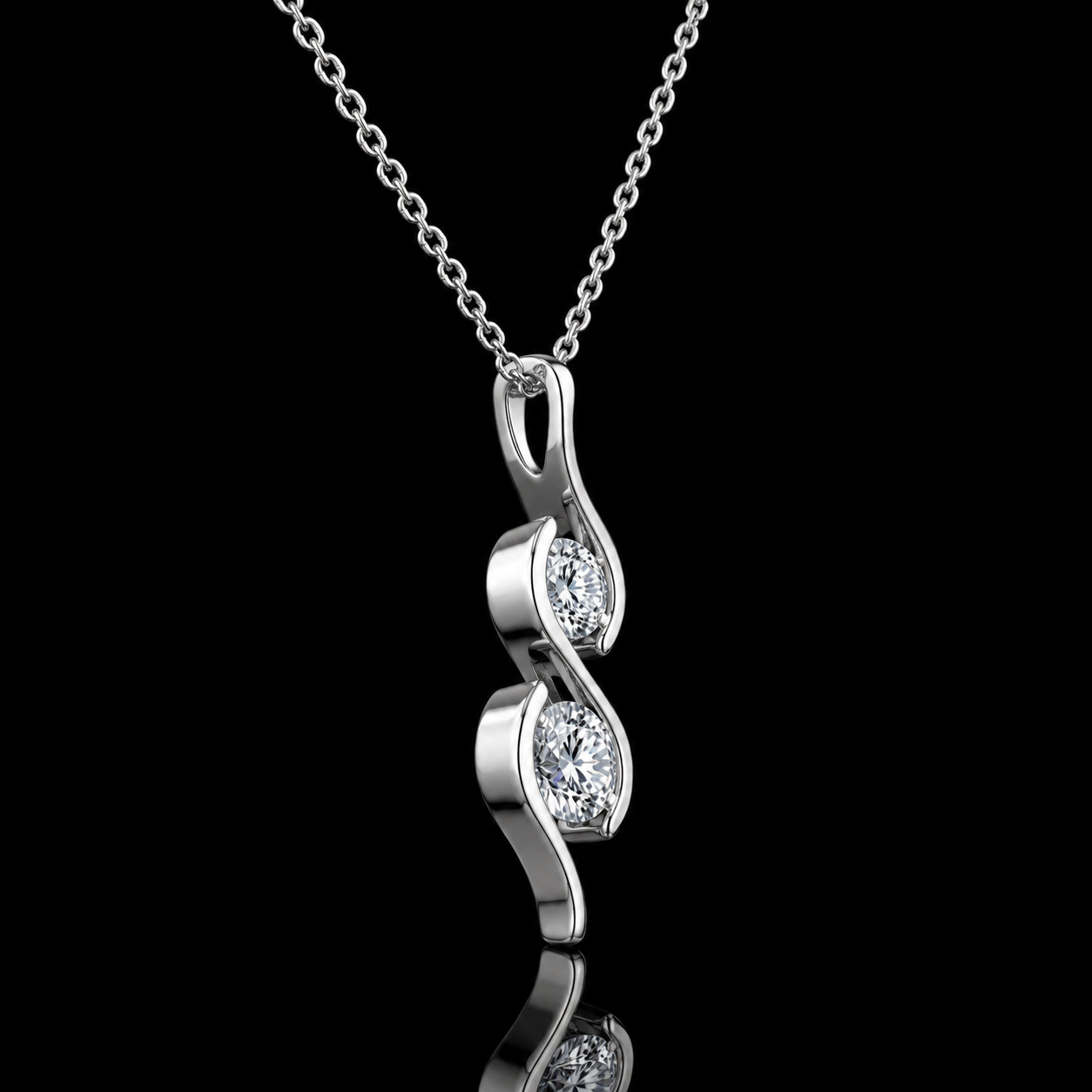 1.00 Ct Sympathy Gift Two Round Diamond Double Swirl Pendant in 14K White Gold Black Jack