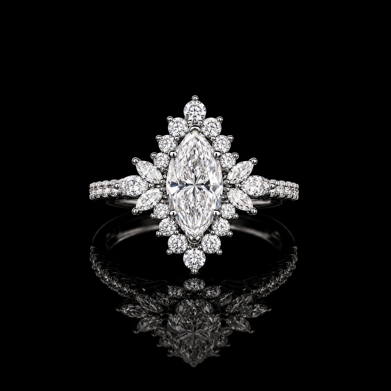4.00 Ct Keepsake Jewelry Marquise Cut Floral Halo Pavé Ring in 14K White Gold Black Jack