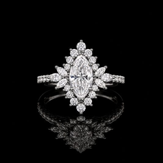 4.00 Ct Keepsake Jewelry Marquise Cut Floral Halo Pavé Ring in 14K White Gold Black Jack