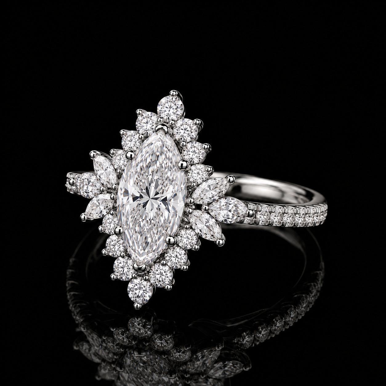 4.00 Ct Keepsake Jewelry Marquise Cut Floral Halo Pavé Ring in 14K White Gold Black Jack